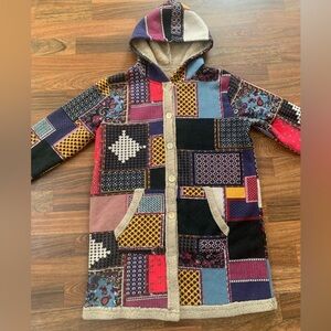 Face Hemp Cotton Plush Patchwork Hooded Jacket Women’s S Boho Cottage Grannycore